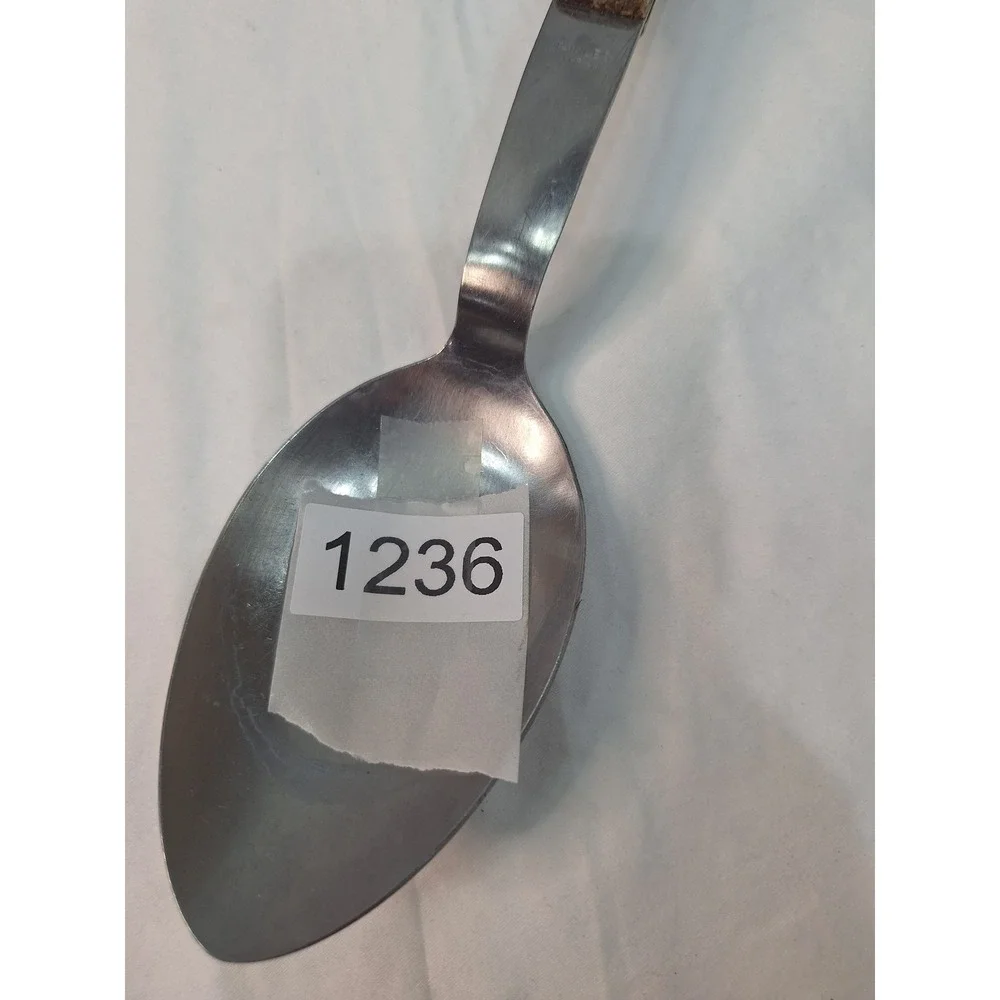 Vintage Stainless USA Serving Spoon Wood Grain Handle Brass Rivets 10.5 Inch